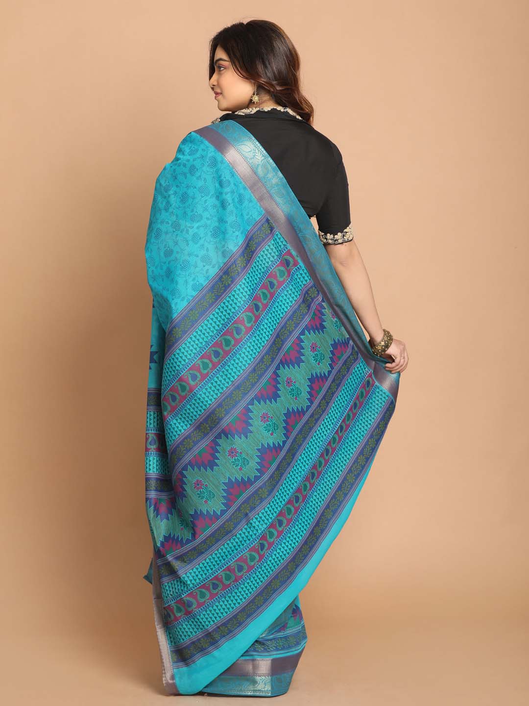 Indethnic Printed Cotton Blend Saree in Blue - View 3