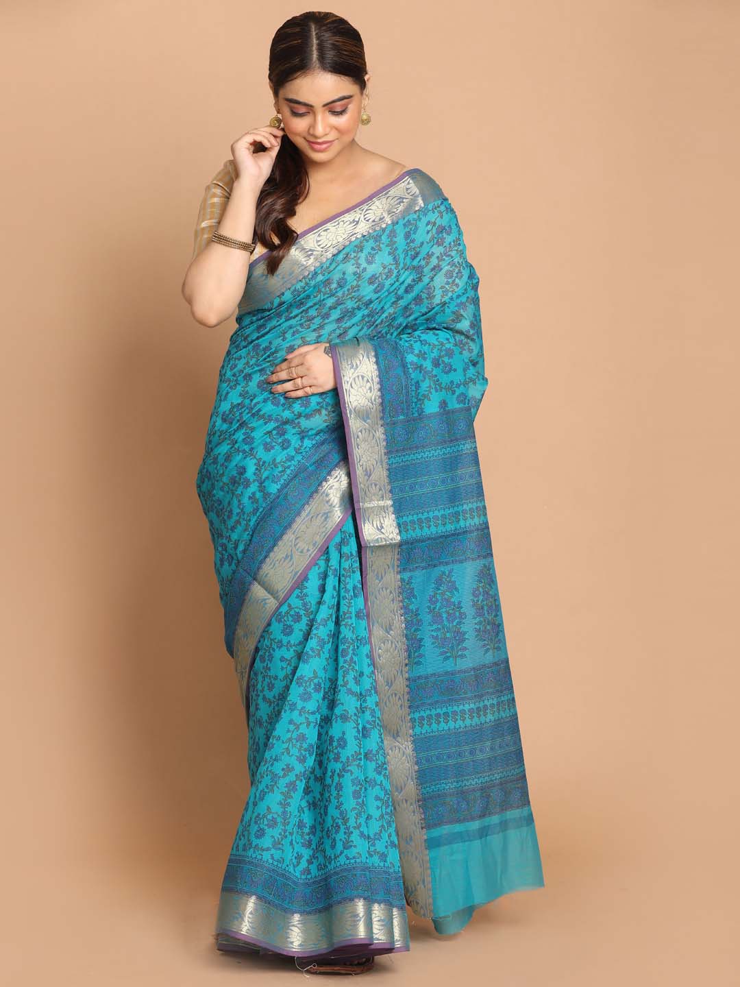 Indethnic Printed Cotton Blend Saree in Blue - View 1