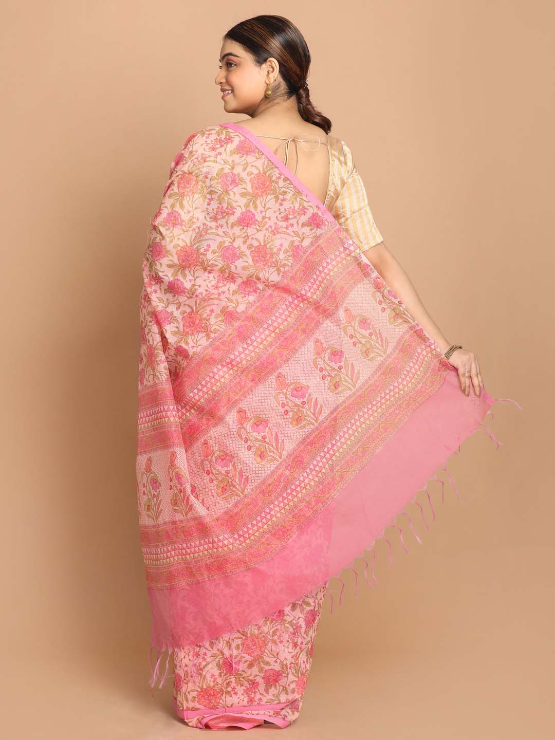 Indethnic Printed Cotton Blend Saree in Coral - View 3