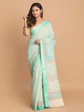 Indethnic Printed Cotton Blend Saree in Green - View 1