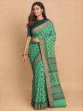 Indethnic Printed Cotton Blend Saree in Green - View 1