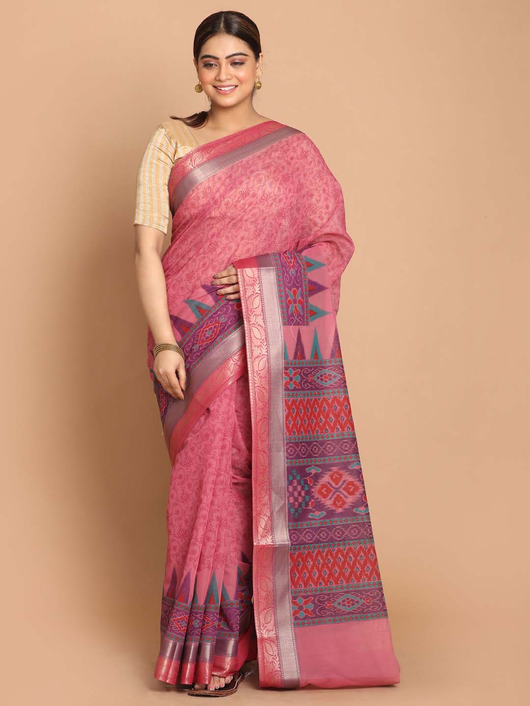 Indethnic Printed Cotton Blend Saree in Magenta - View 1