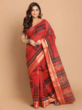 Indethnic Printed Cotton Blend Saree in Maroon - View 1