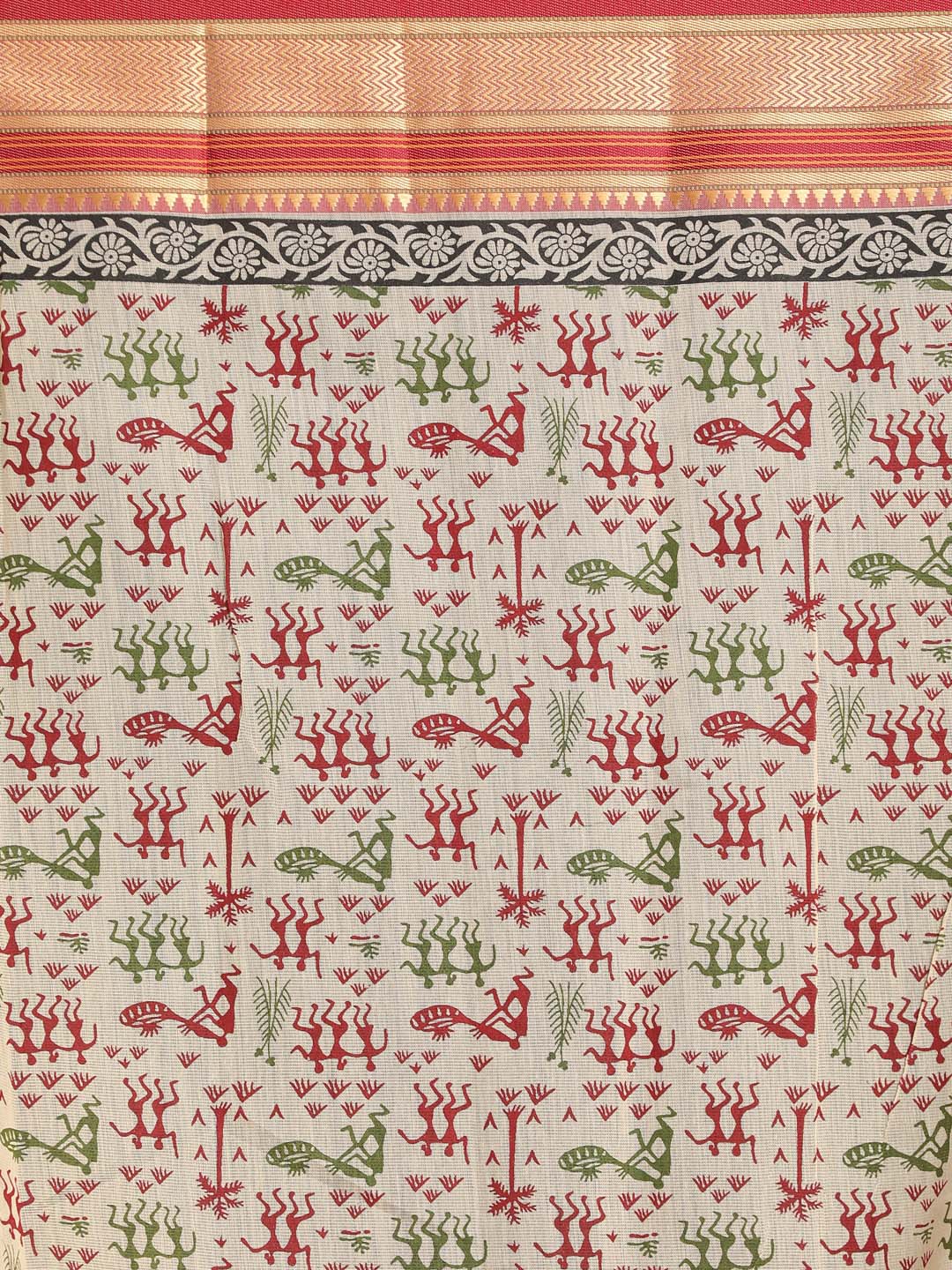 Indethnic Printed Cotton Blend Saree in Maroon - Saree Detail View