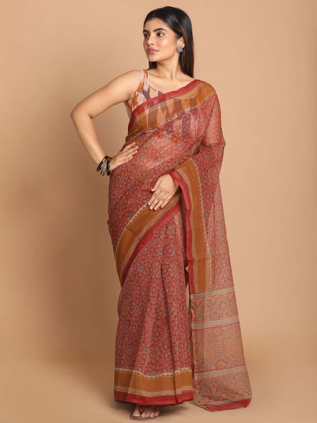 Indethnic Printed Cotton Blend Saree in Maroon - View 1