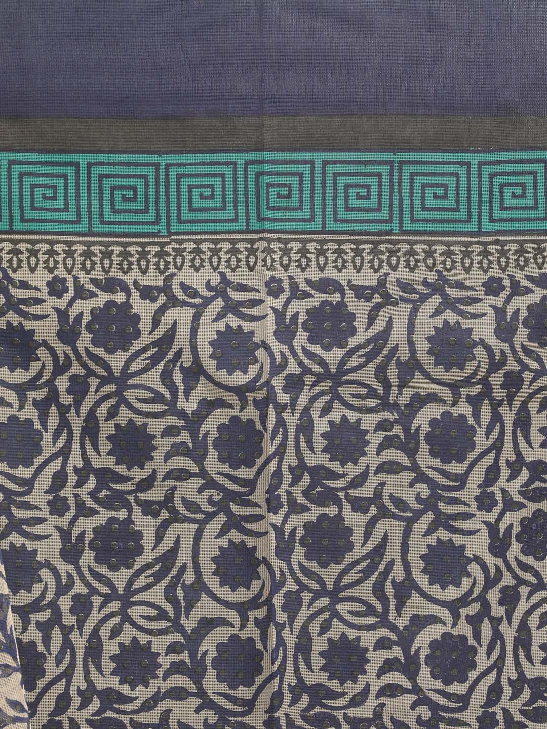 Indethnic Printed Cotton Blend Saree in navy blue - Saree Detail View