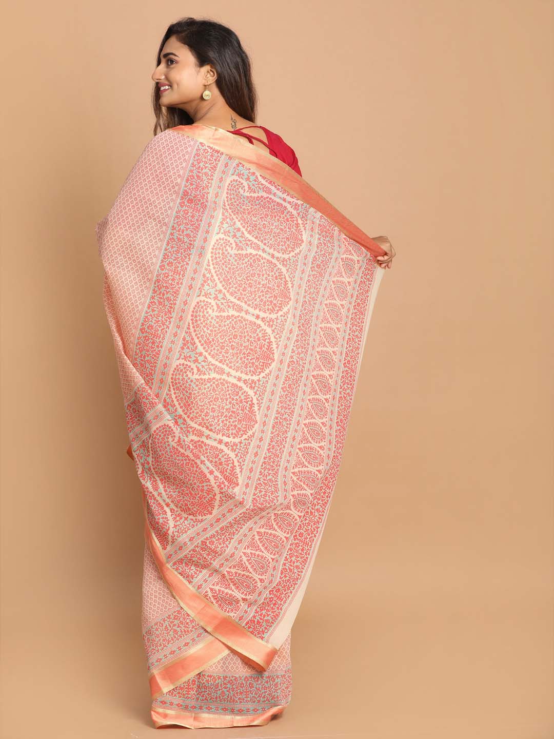 Indethnic Printed Cotton Blend Saree in Orange - View 3