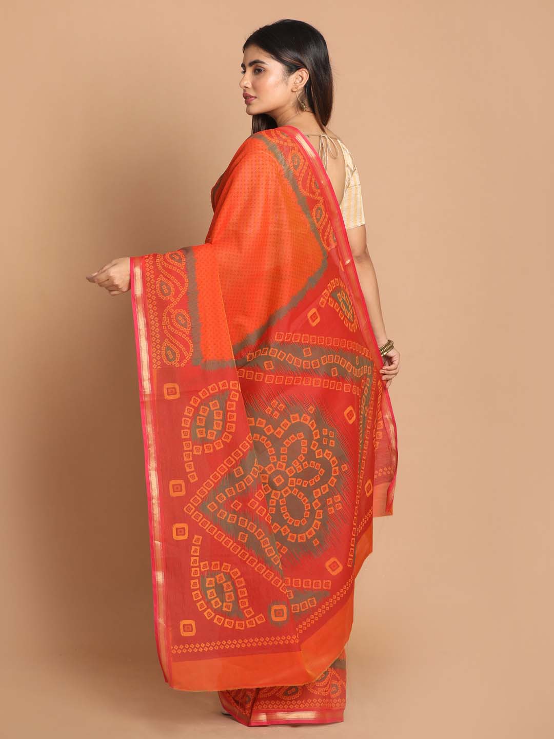Indethnic Printed Cotton Blend Saree in Rust - View 3