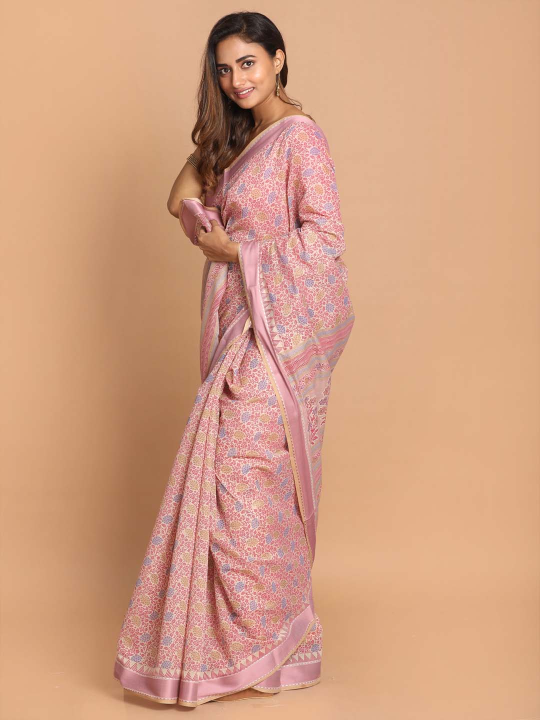 Indethnic Printed Cotton Blend Saree in Pink - View 2