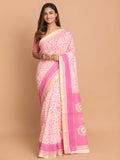 Indethnic Printed Cotton Blend Saree in Pink - View 1