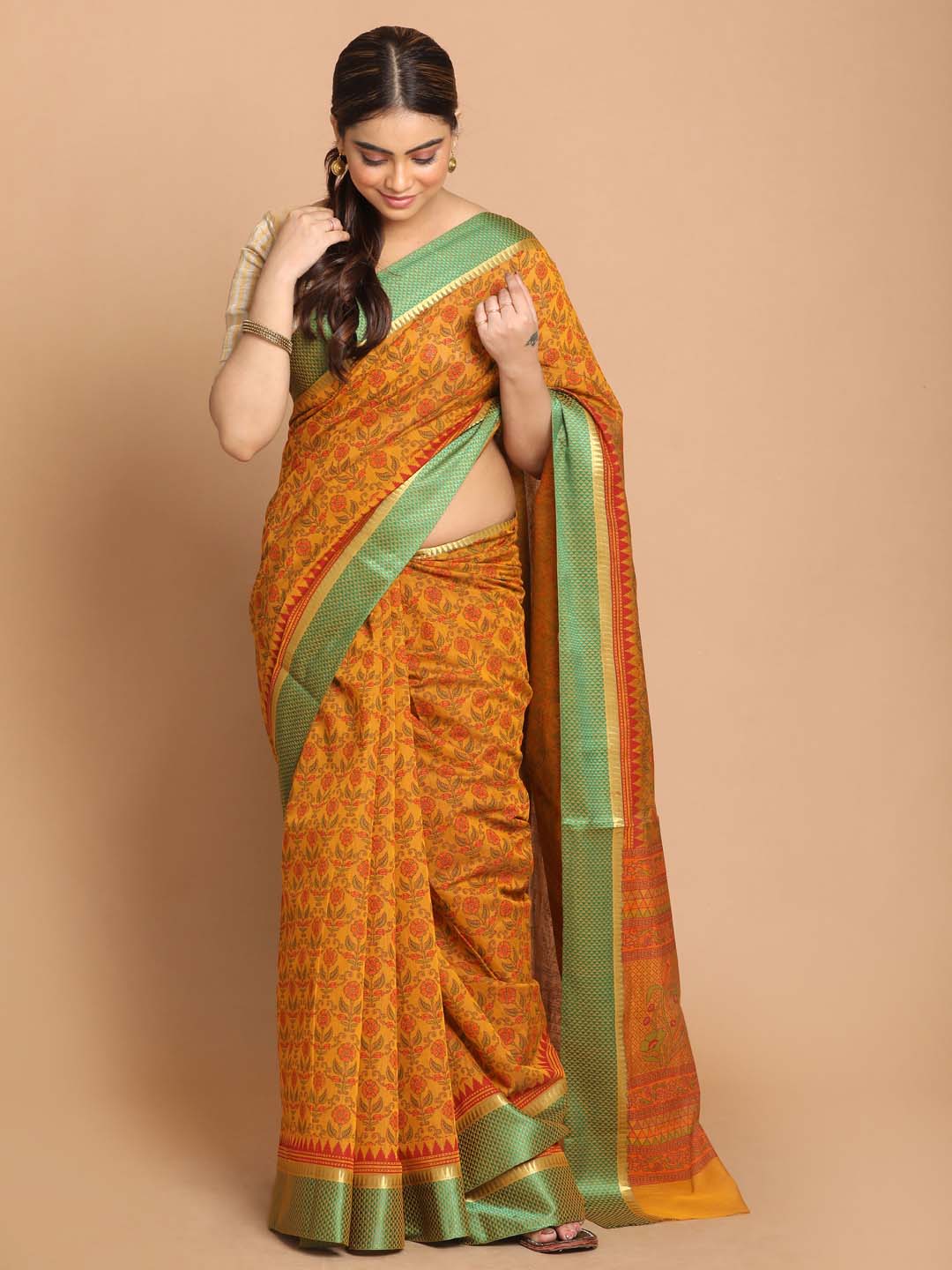 Indethnic Printed Cotton Blend Saree in Yellow - View 1