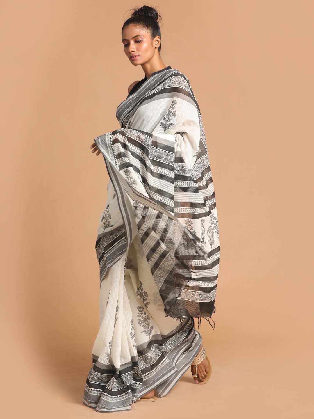 Indethnic Printed Pure Cotton Saree in Black - View 3