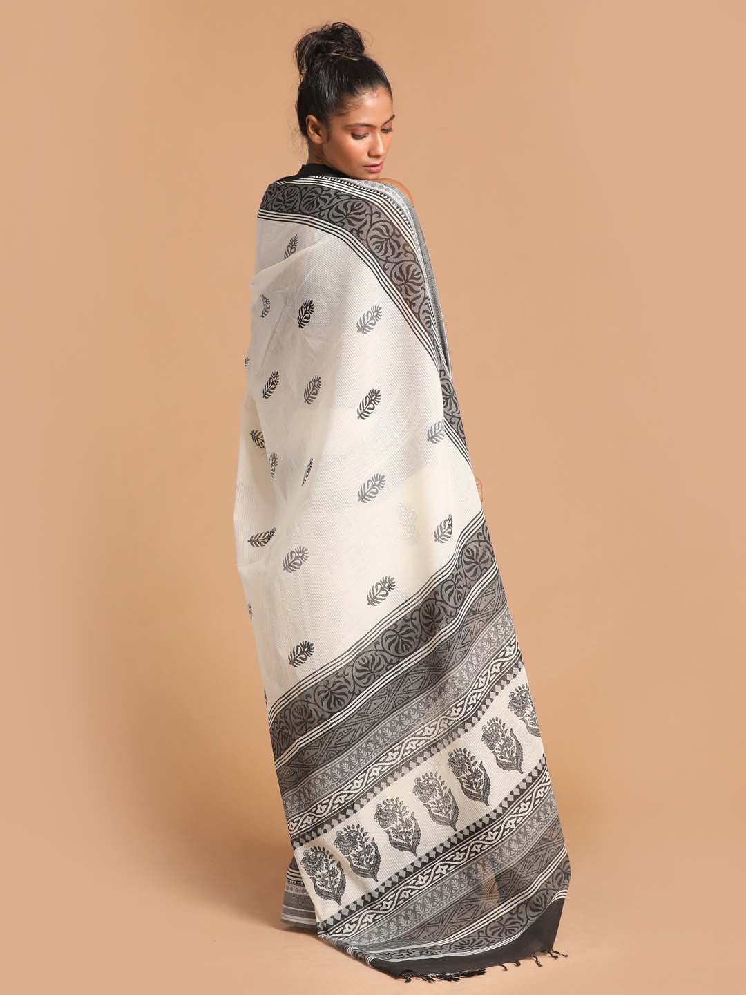 Indethnic Printed Pure Cotton Saree in Black - View 3