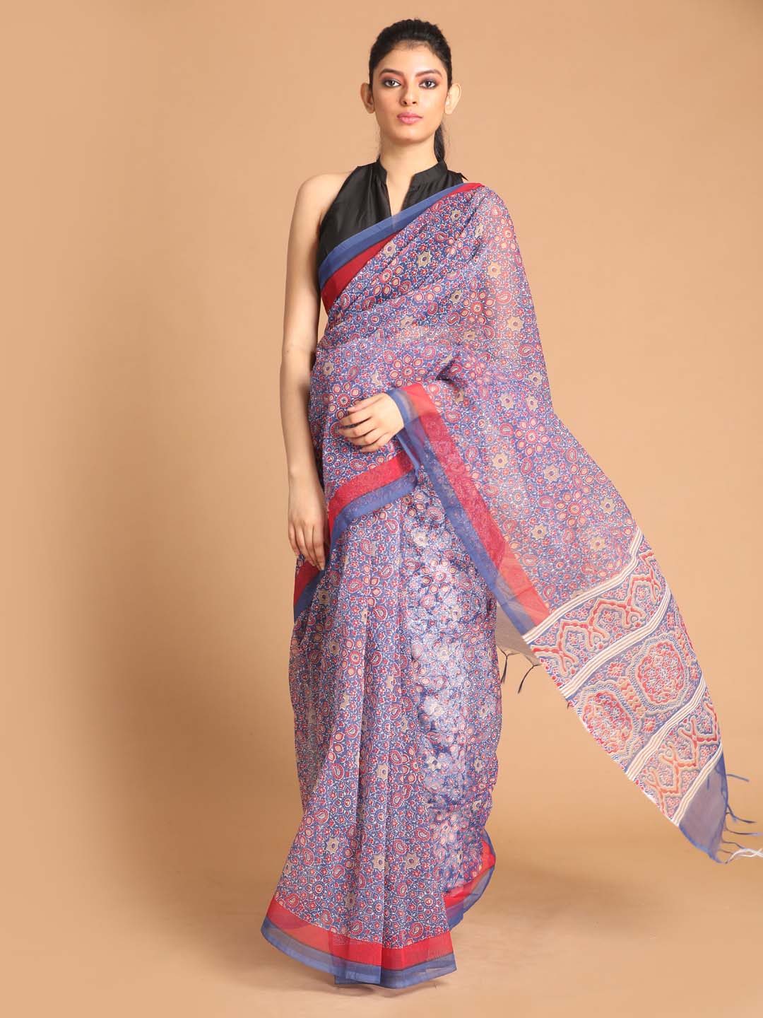 Indethnic Printed Super Net Saree in Blue - View 1