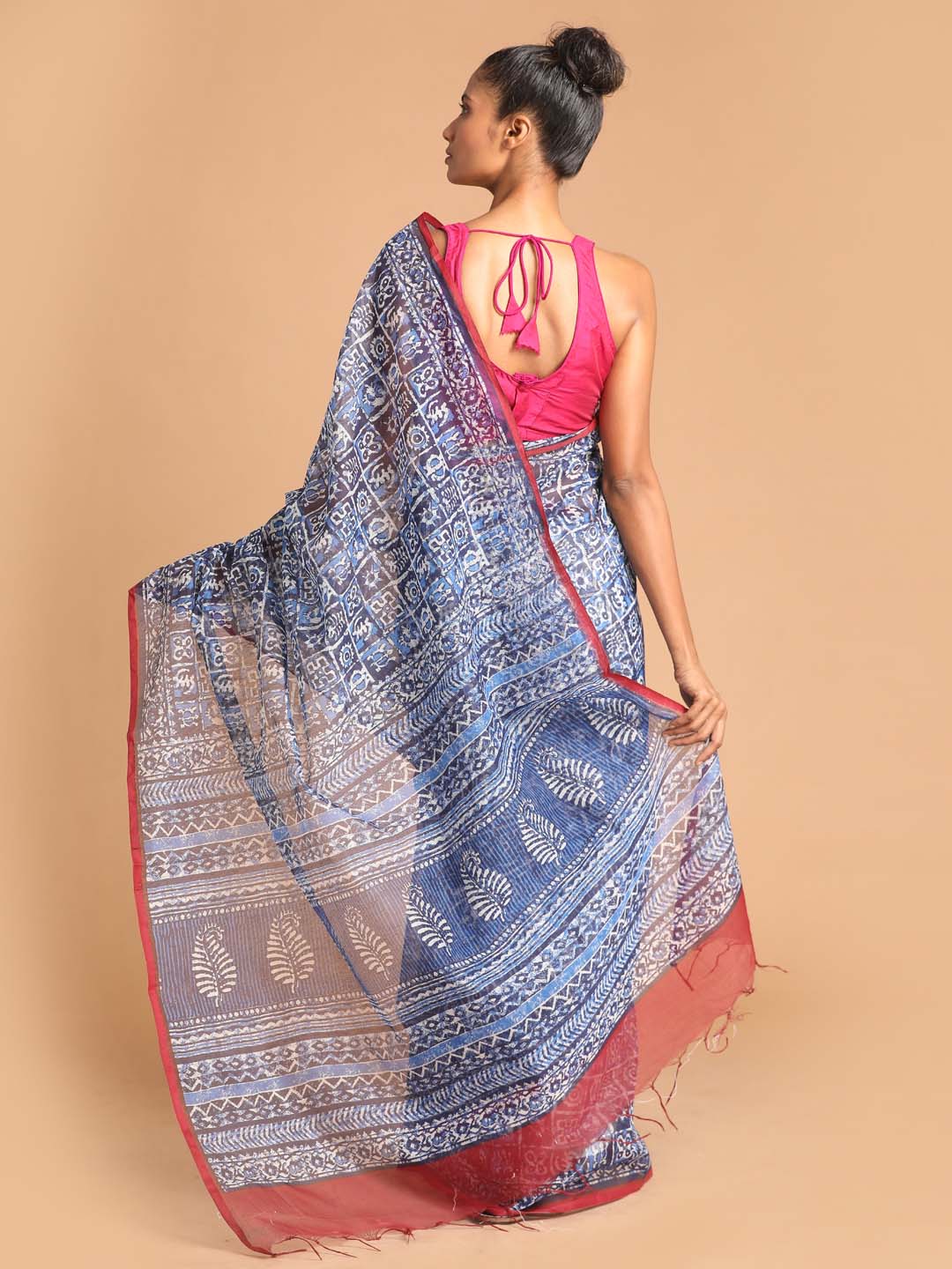 Indethnic Printed Super Net Saree in Blue - View 3