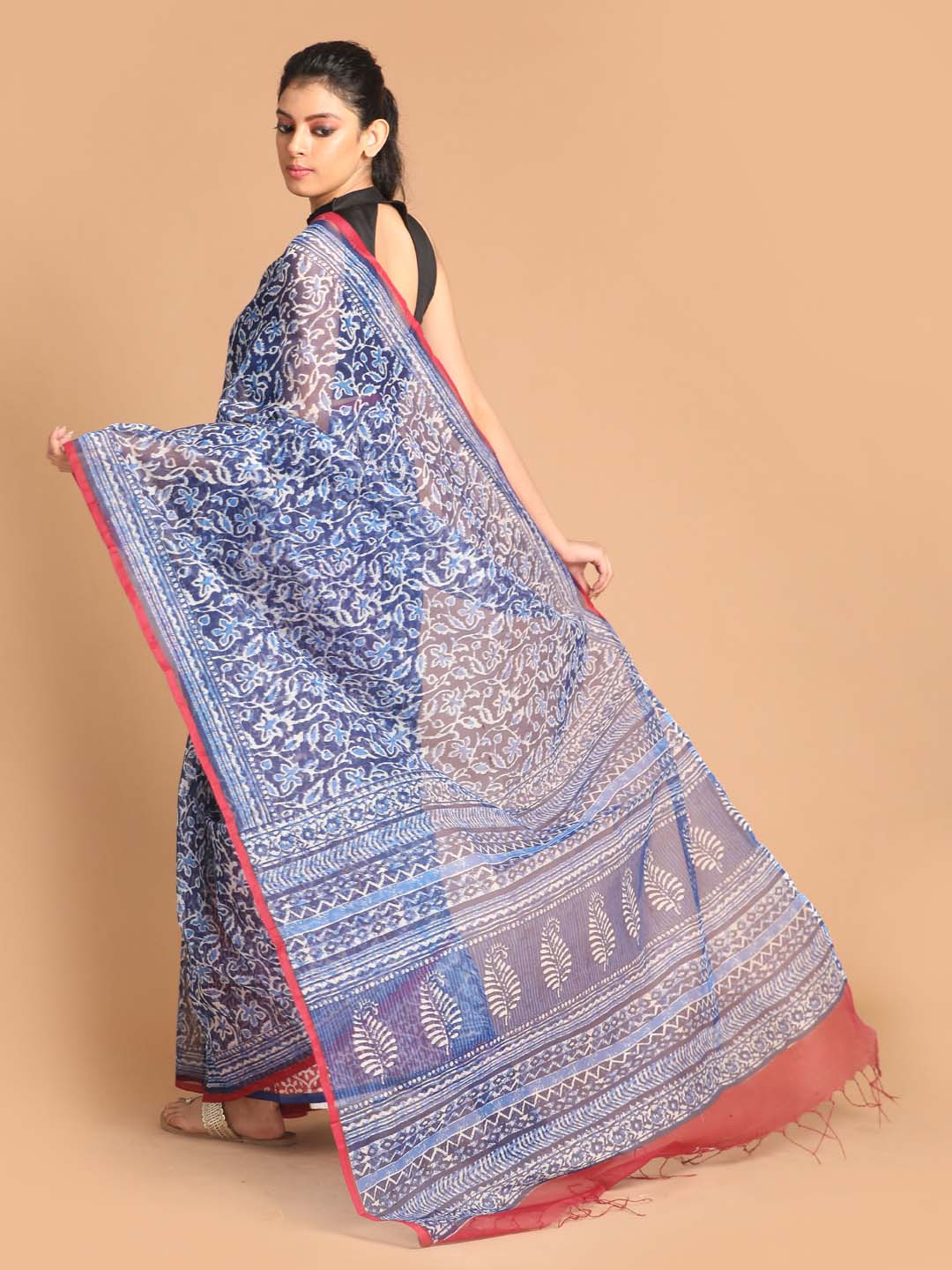 Indethnic Printed Super Net Saree in Blue - View 3