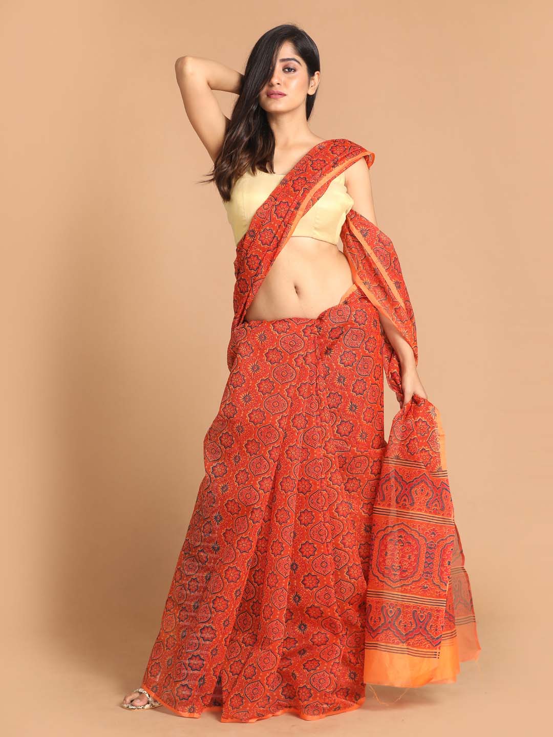 Indethnic Printed Cotton Blend Saree in Coral - View 1