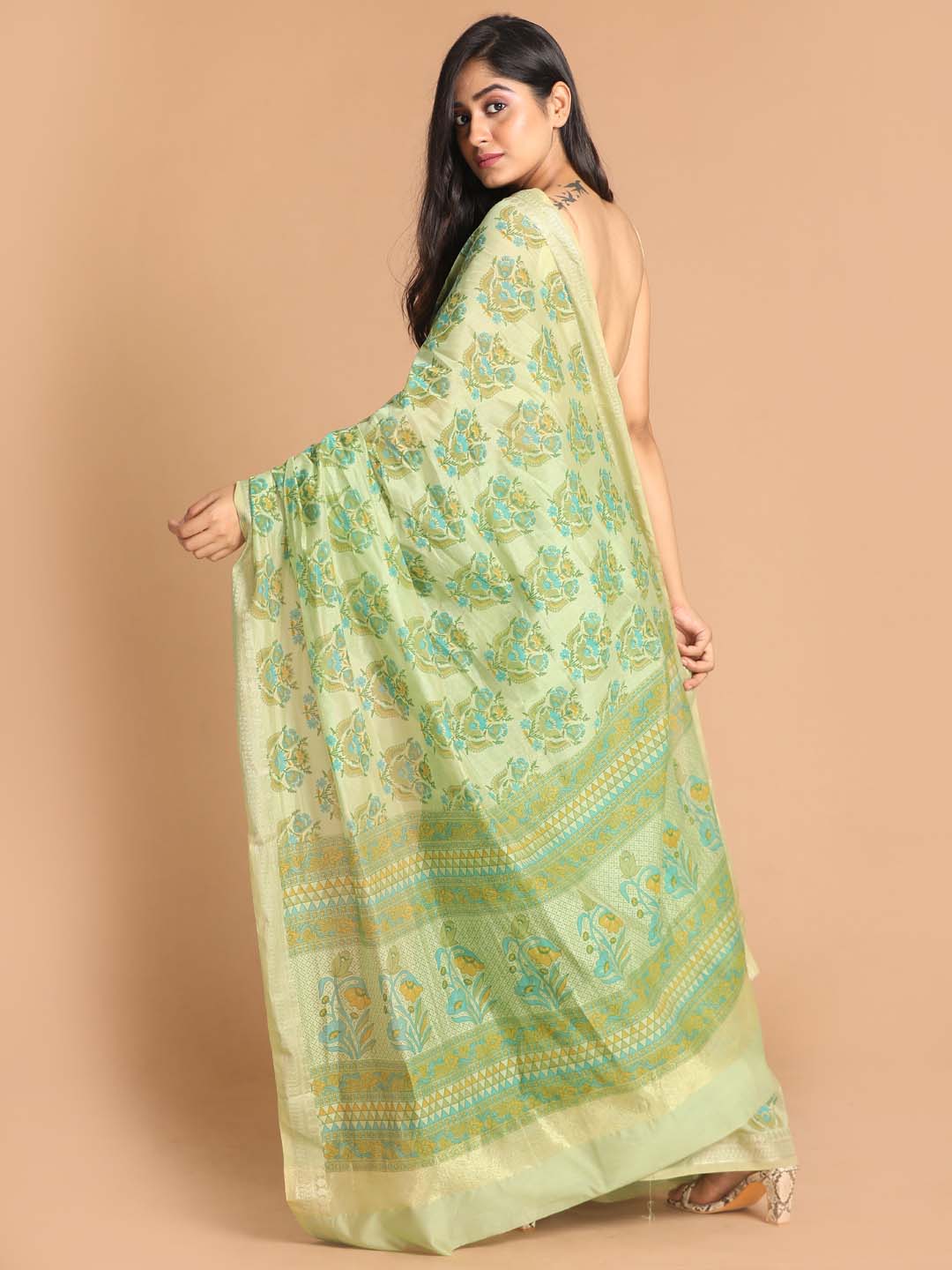 Indethnic Printed Cotton Blend Saree in Green - View 3