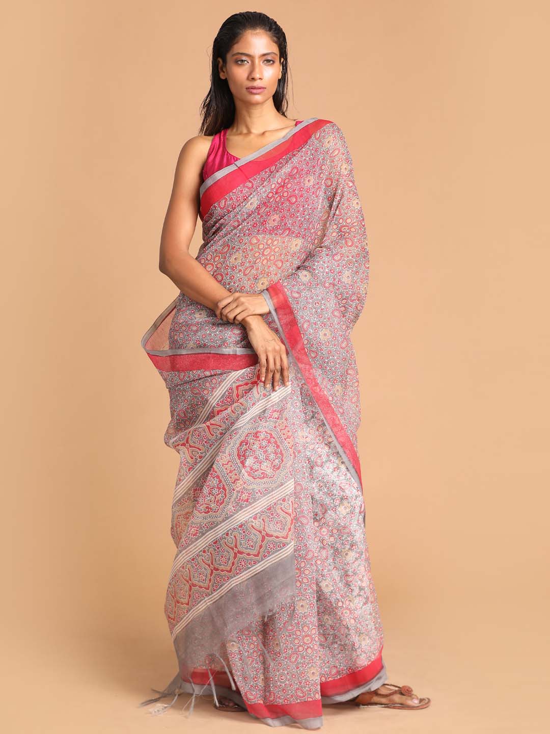 Indethnic Printed Super Net Saree in Grey - View 1