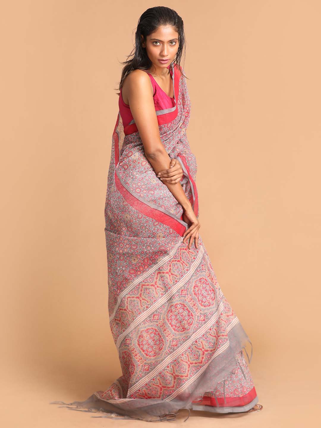 Indethnic Printed Super Net Saree in Grey - View 2