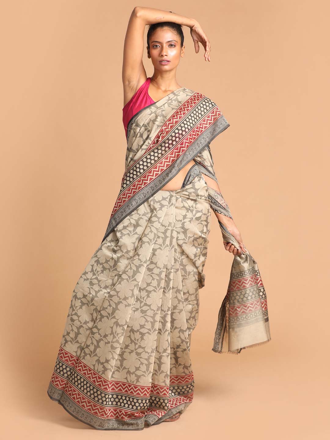 Indethnic Printed Cotton Blend Saree in Grey - View 1