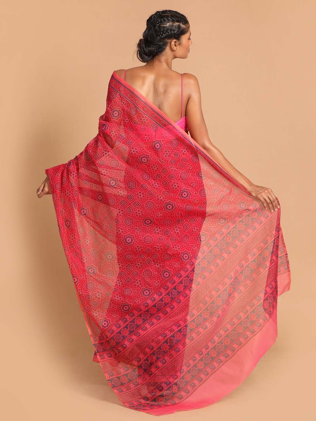 Indethnic Printed Super Net Saree in Magenta - View 3