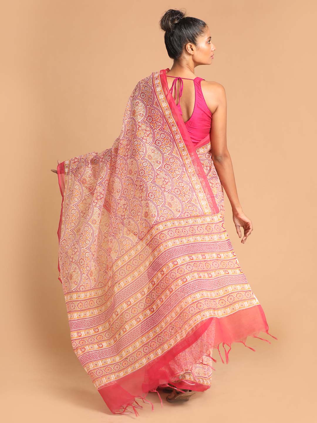 Indethnic Printed Super Net Saree in Maroon - View 3