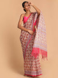 Indethnic Printed Super Net Saree in Maroon - View 1