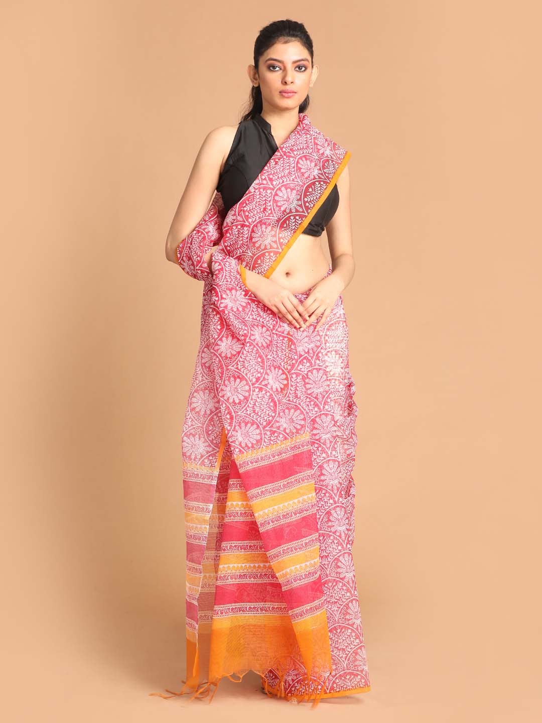 Indethnic Printed Super Net Saree in Maroon - View 1