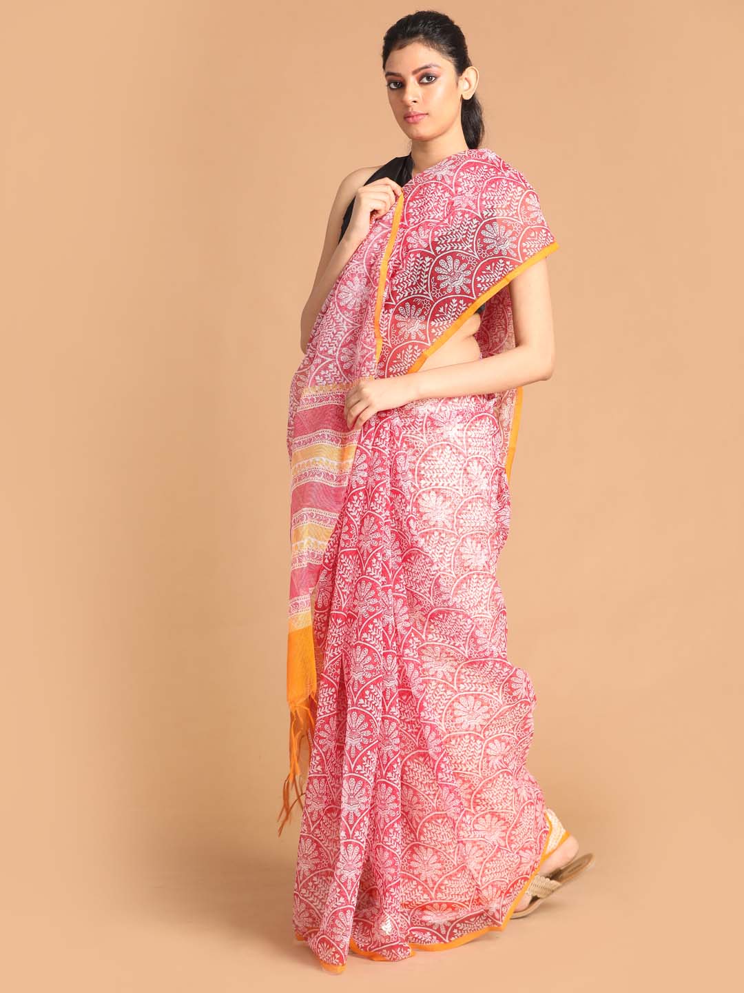 Indethnic Printed Super Net Saree in Maroon - View 2