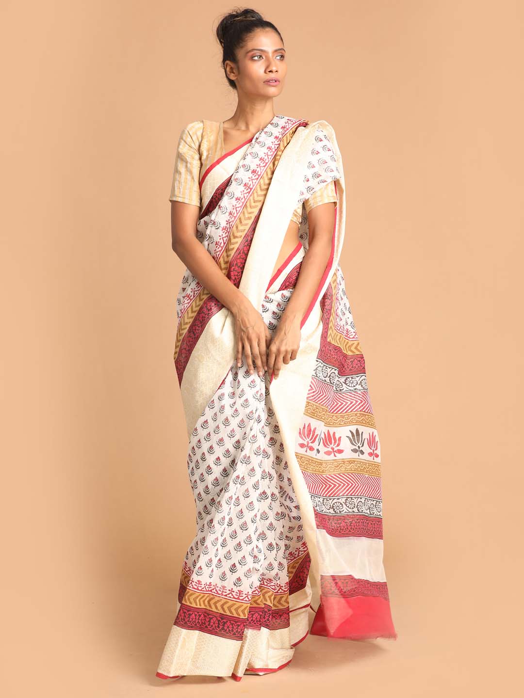 Indethnic Printed Cotton Blend Saree in Maroon - View 1