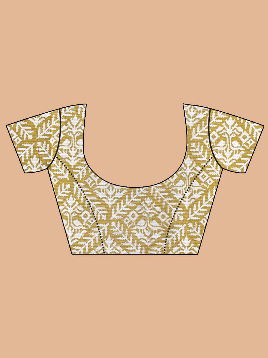 Indethnic Printed Super Net Saree in Yellow - Blouse Piece View