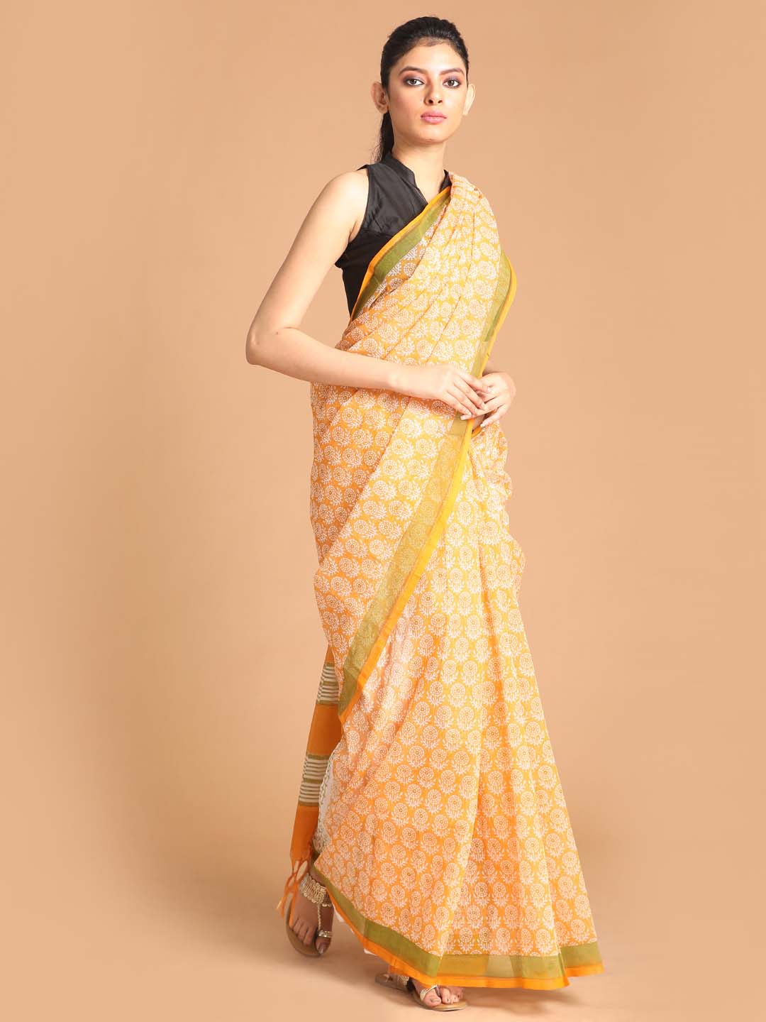 Indethnic Printed Super Net Saree in Yellow - View 1