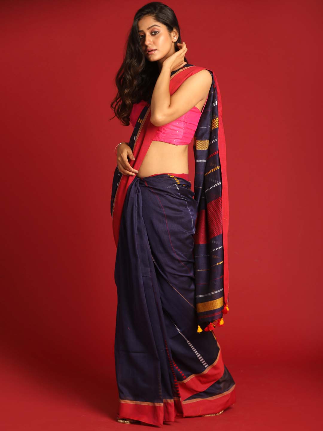 Indethnic Navy Blue Pure Cotton Abstract Design Jamdani - View 2