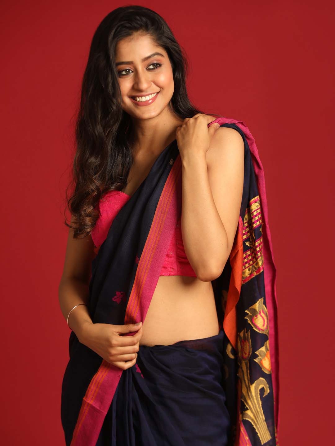 Indethnic Navy Blue Pure Cotton Ethnic Motifs Design Jamdani - View 3