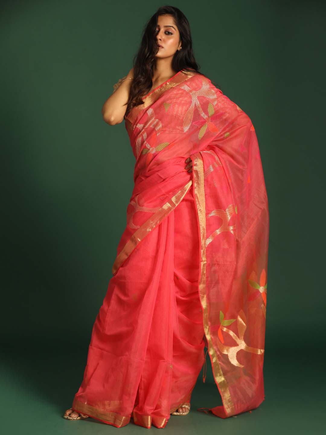 Indethnic Coral Cotton Blend Ethnic Motifs Design Jamdani - View 1