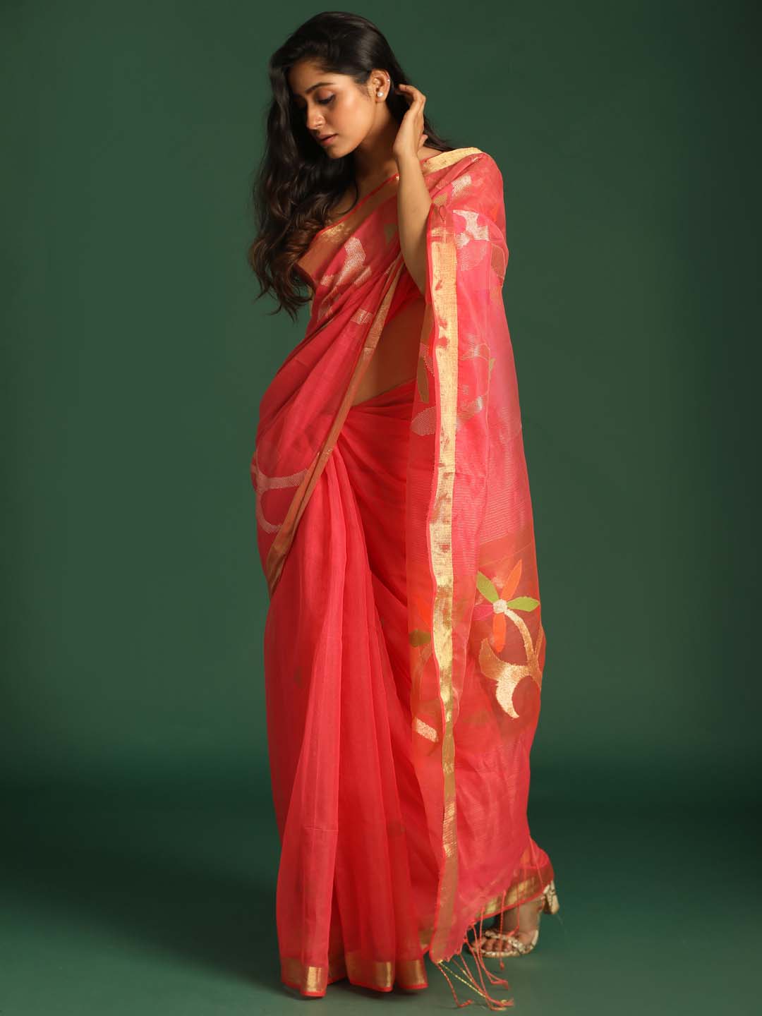 Indethnic Coral Cotton Blend Ethnic Motifs Design Jamdani - View 2