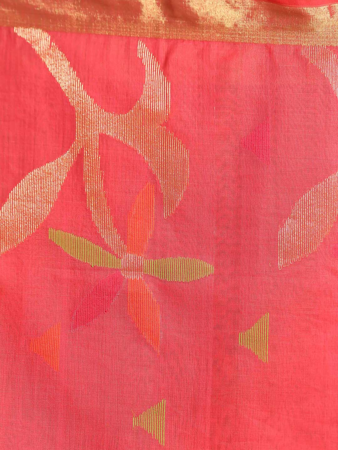 Indethnic Coral Cotton Blend Ethnic Motifs Design Jamdani - Saree Detail View