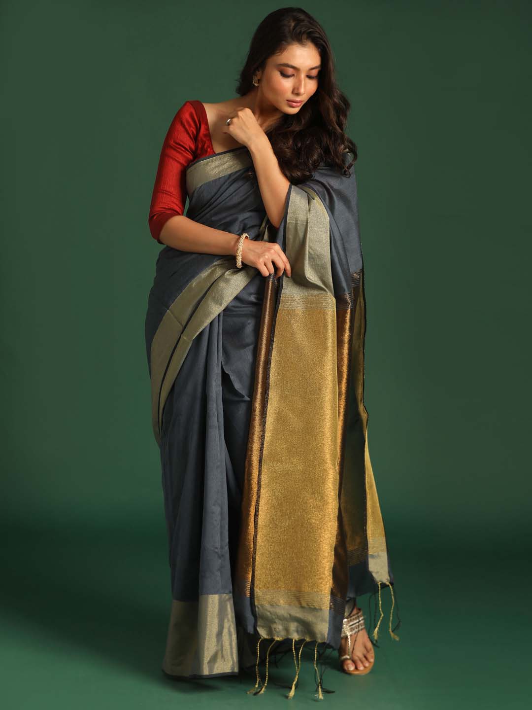 Indethnic Grey Cotton Blend Ethnic Motifs Design Jamdani - View 1