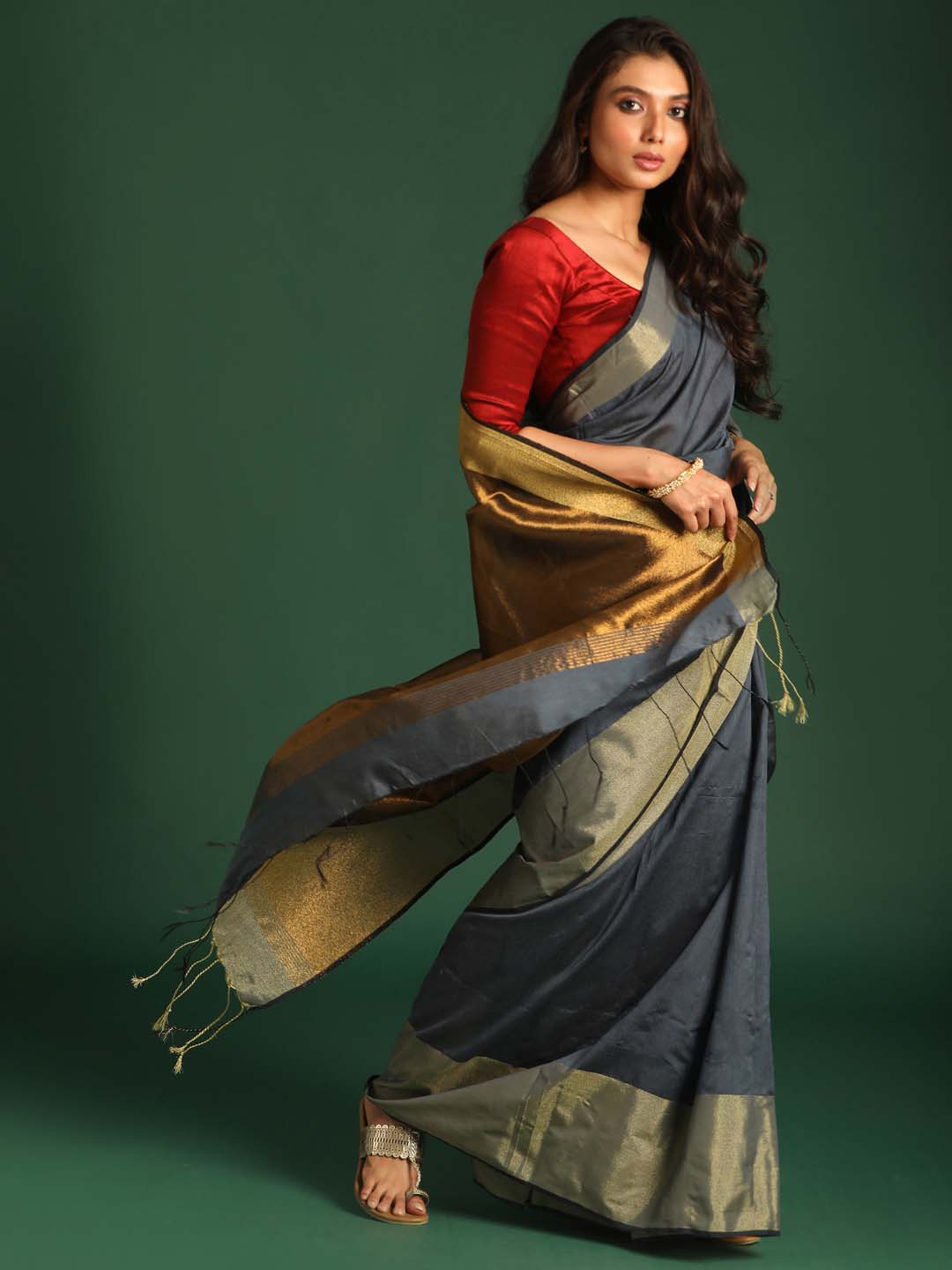 Indethnic Grey Cotton Blend Ethnic Motifs Design Jamdani - View 2