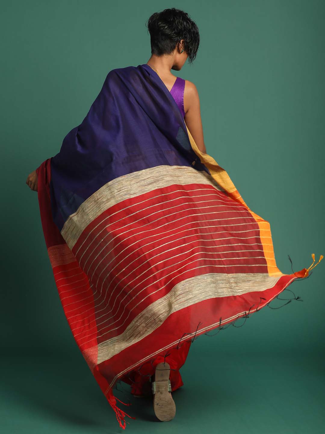 Indethnic Red and Blue Solid Colour Blocked Saree - View 3