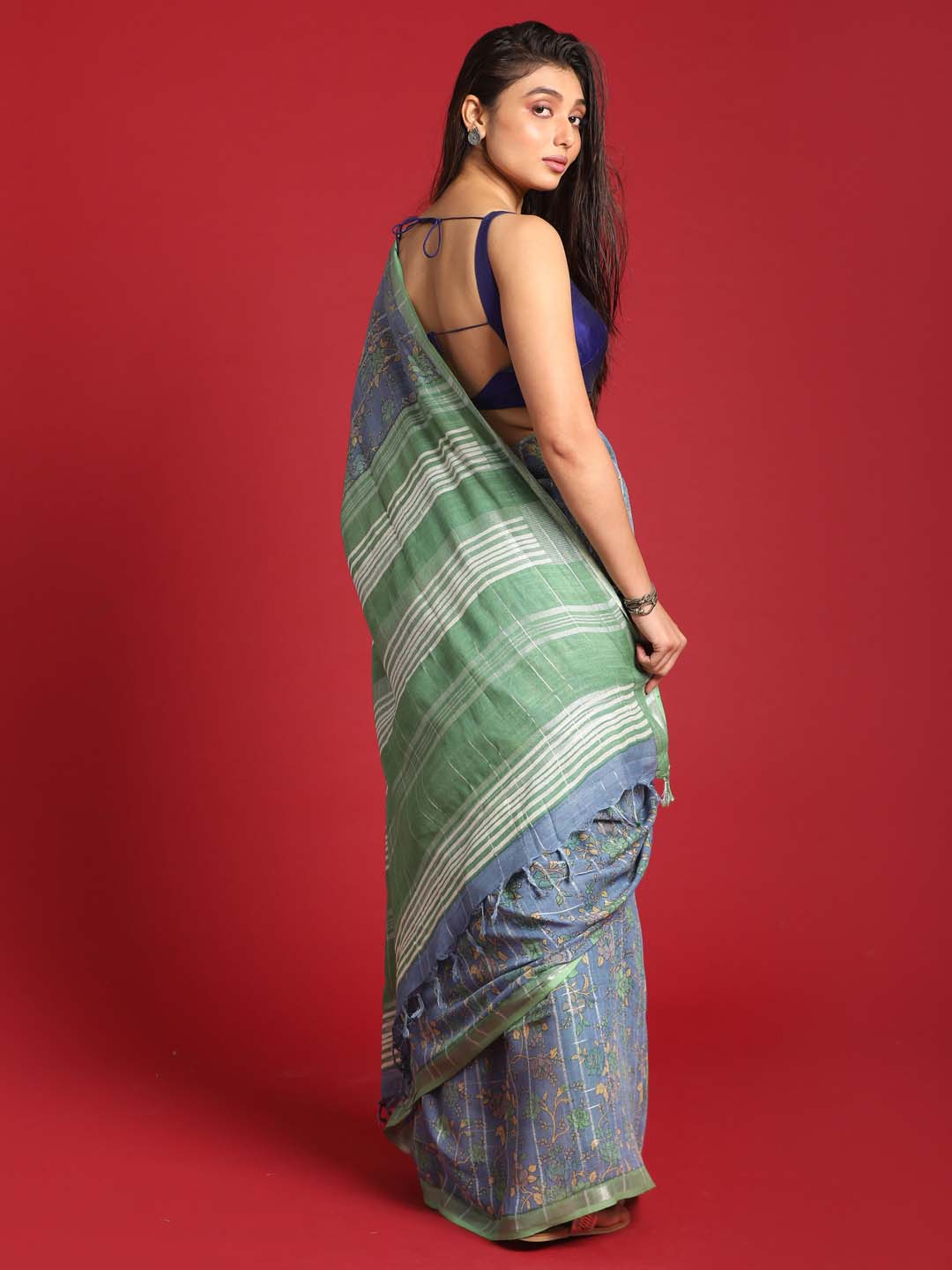 Indethnic Blue Liva Printed Saree - View 3