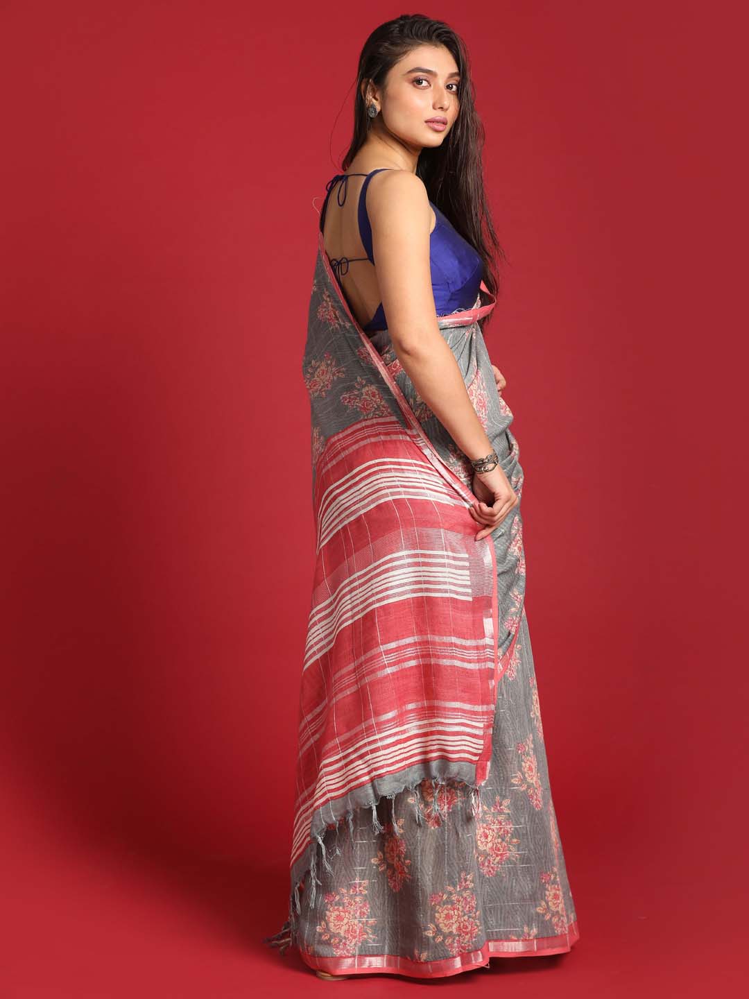 Indethnic Grey Liva Printed Saree - View 3