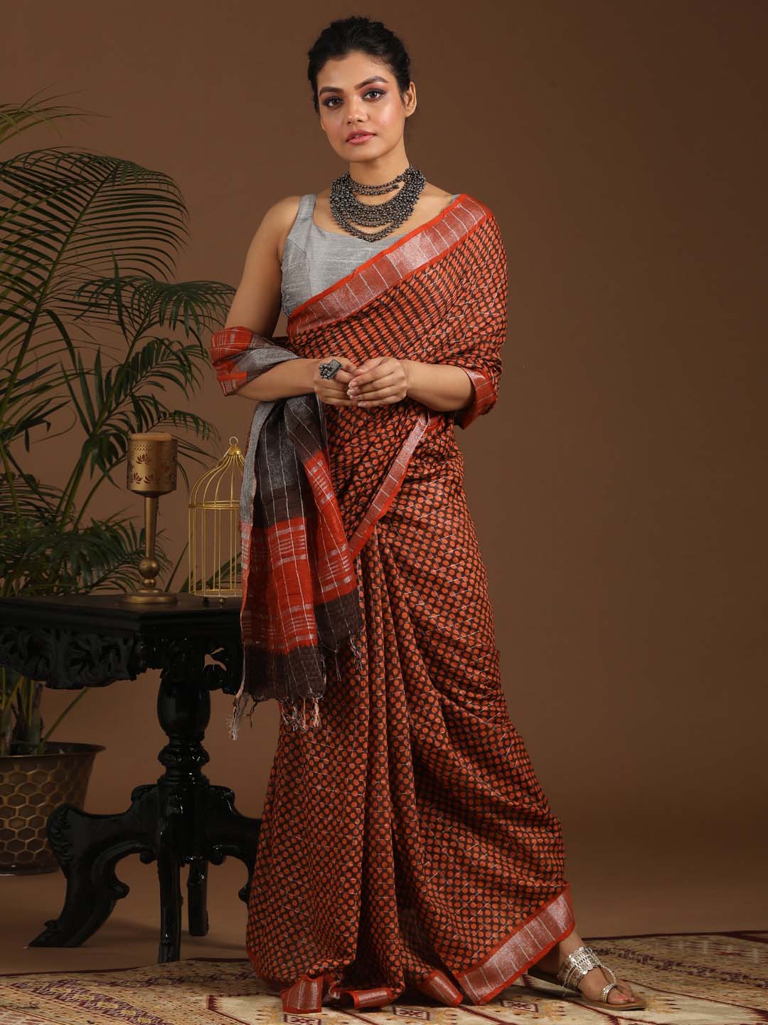 Indethnic Rust Liva Printed Saree - View 2