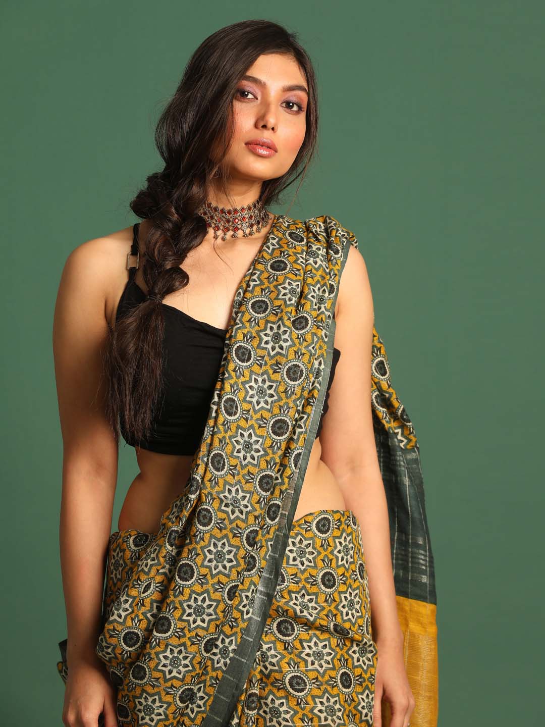 Indethnic Yellow Liva Printed Saree - View 1