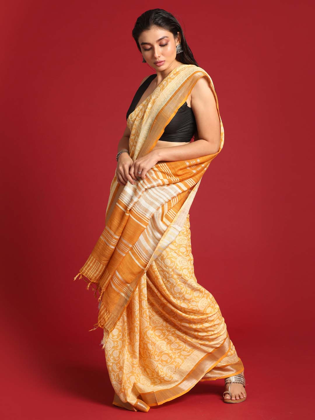 Indethnic Yellow Liva Printed Saree - View 3