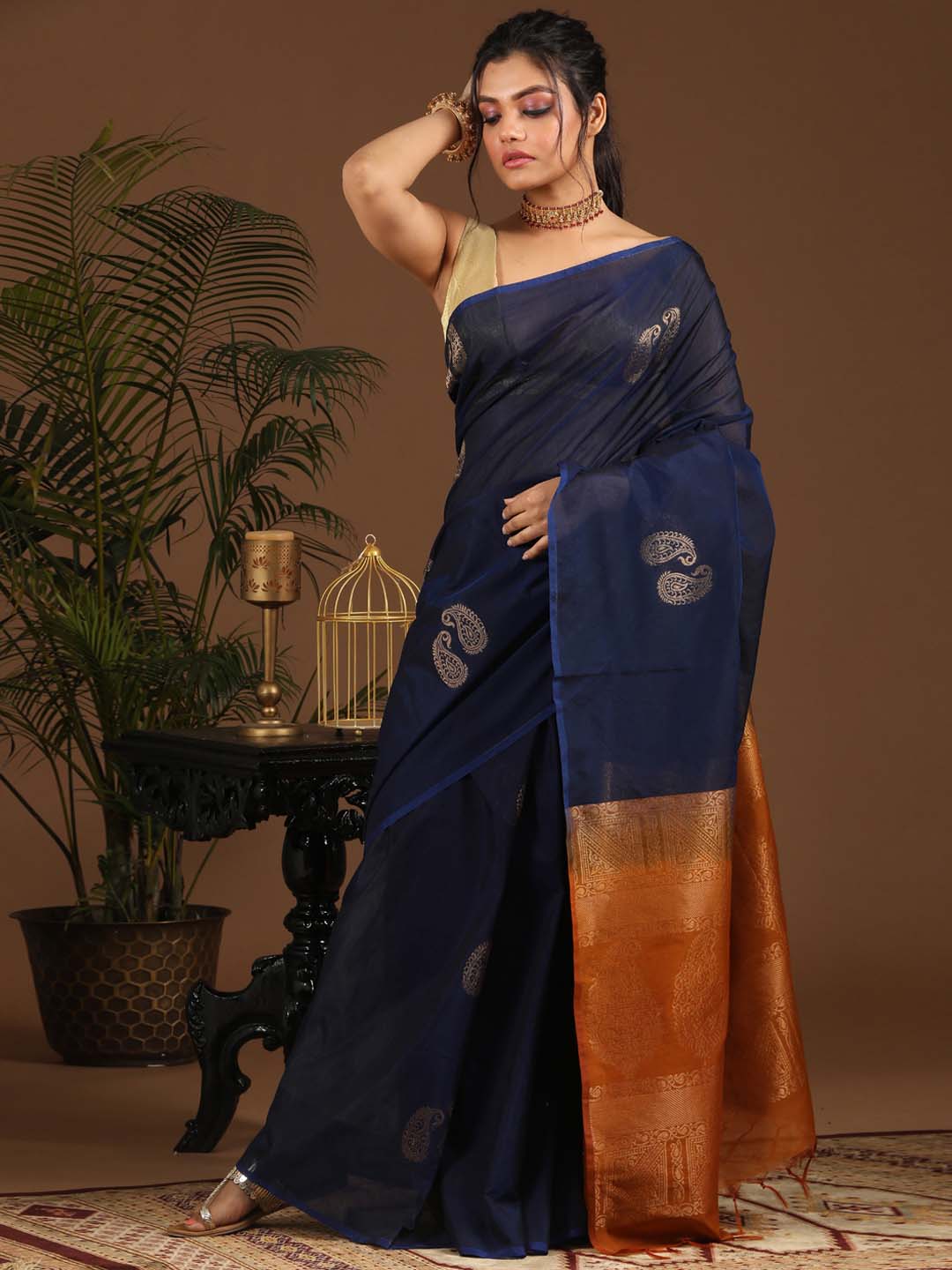 Indethnic Blue Pochampally Kora Silk by Cotton Saree - View 1