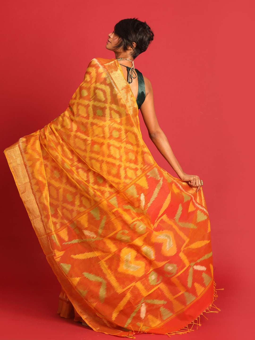 Indethnic Orange Pochampally Ikkat Saree - View 3