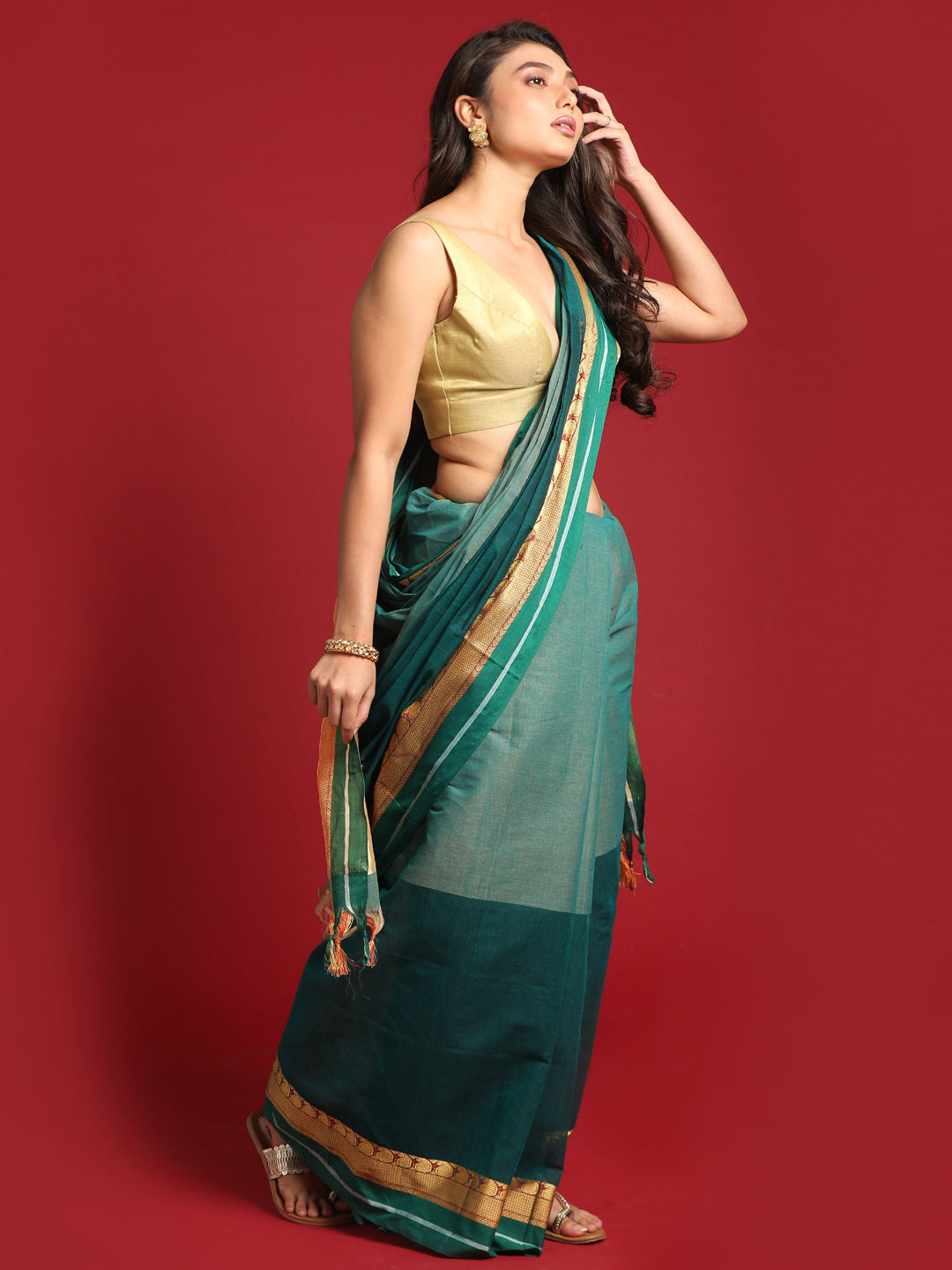Indethnic Green Solid Saree - View 3