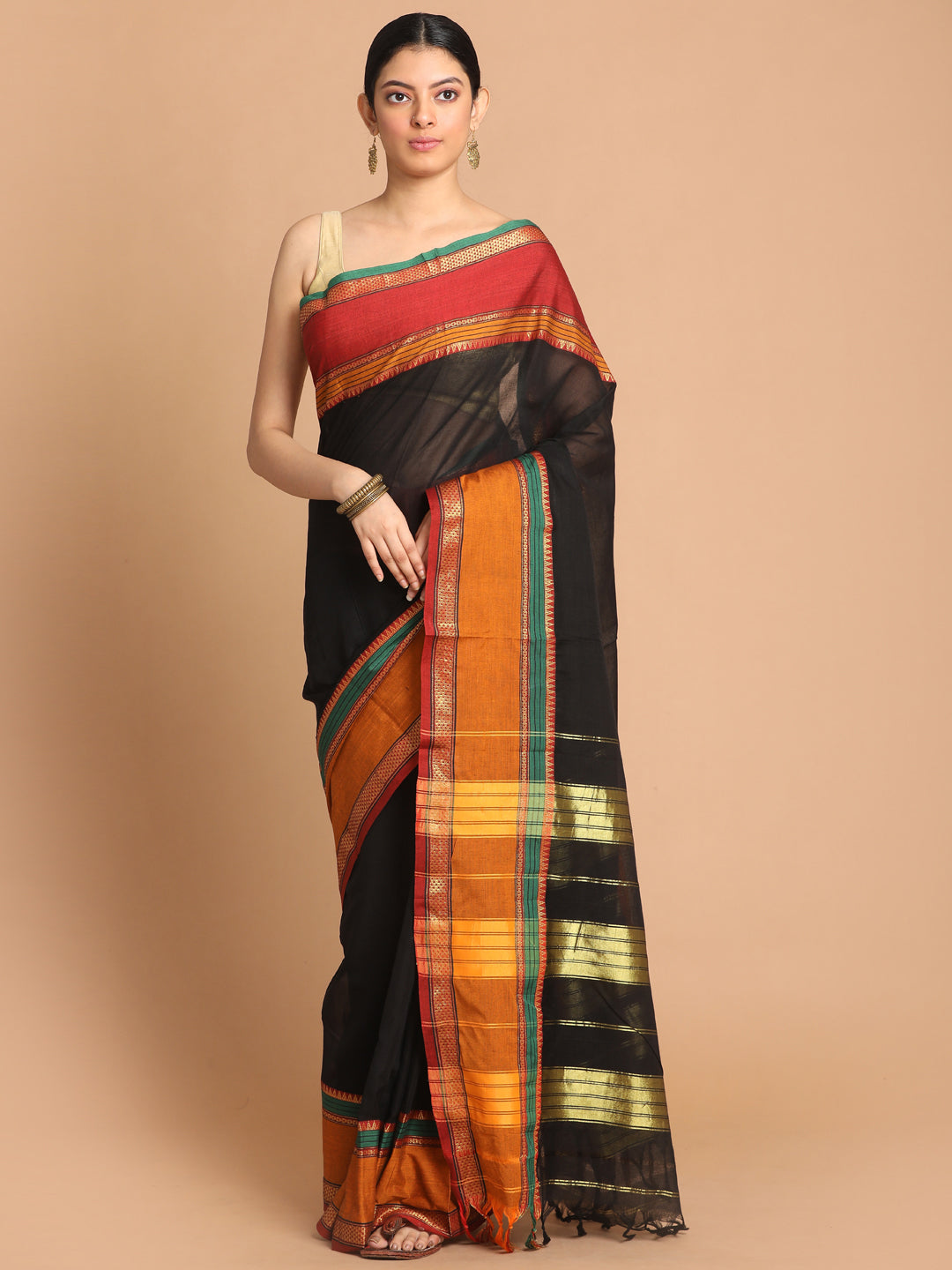 Indethnic Black Pure Cotton Solid Saree - View 1